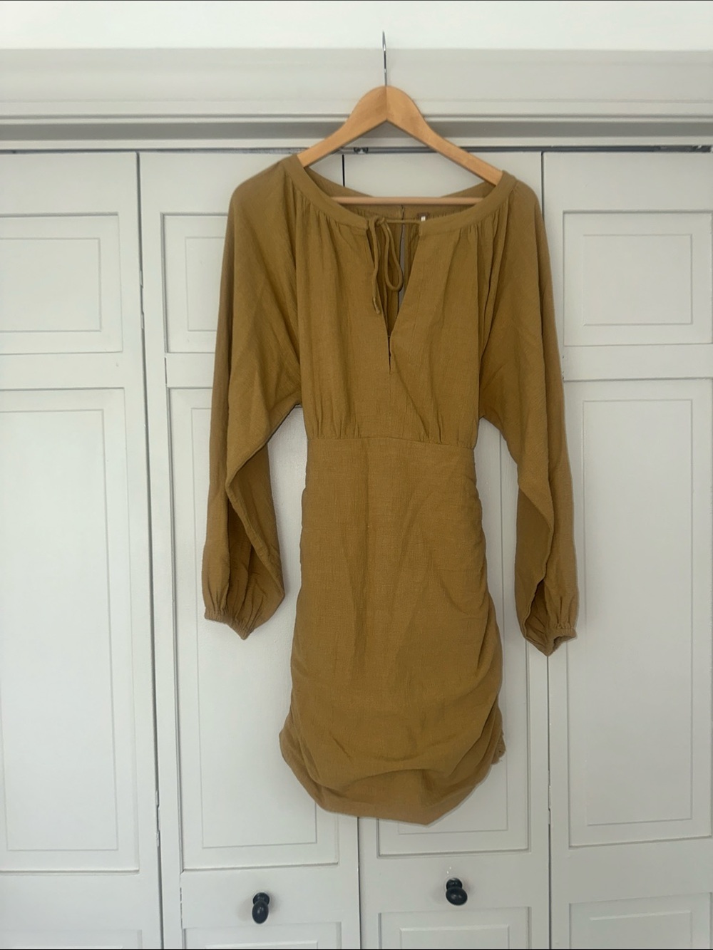 Free People Mustard Long Sleeve Tie-Neck Dress - Picture 2 of 9